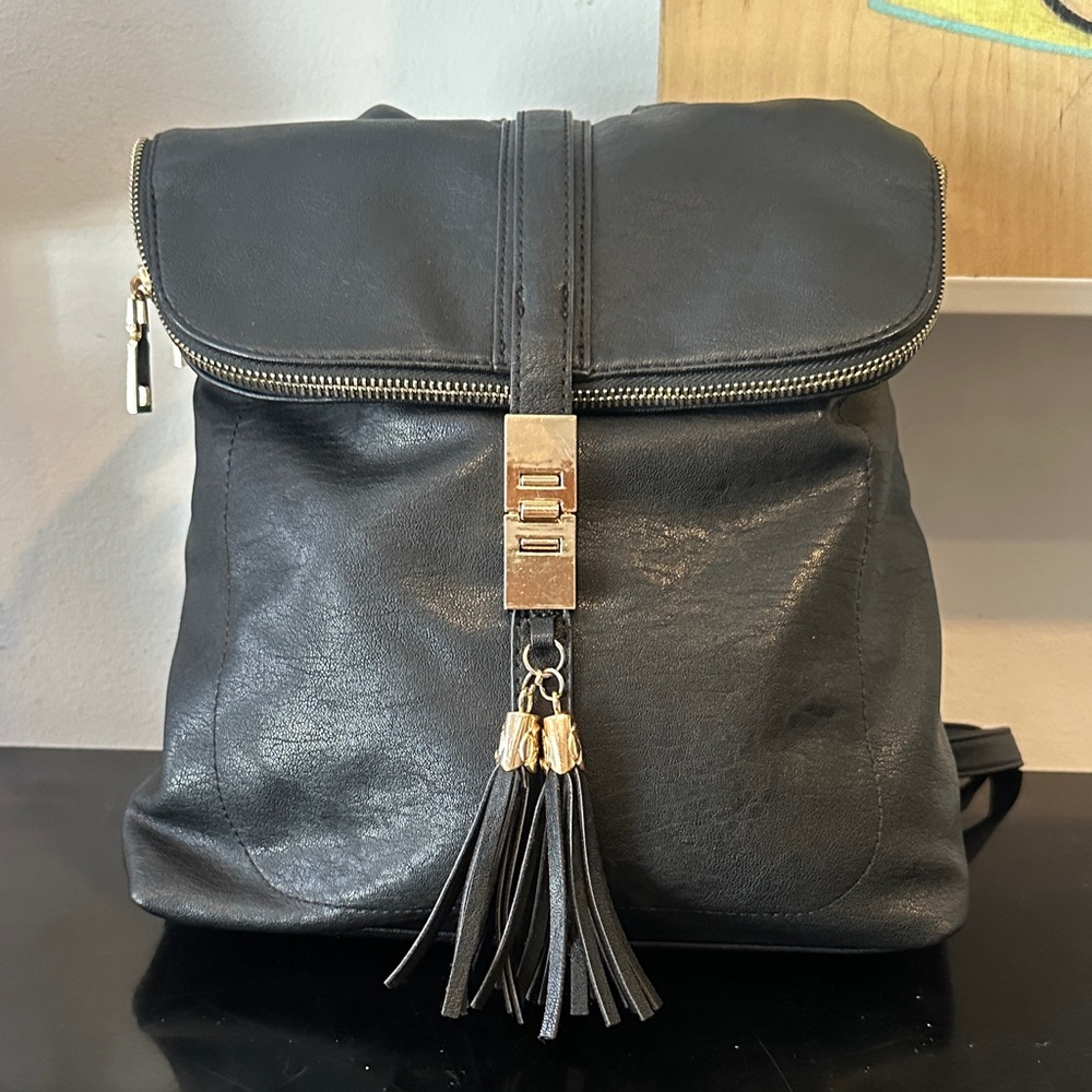 Miztique Black Vegan leather Baby Backpack with Tassel Accent